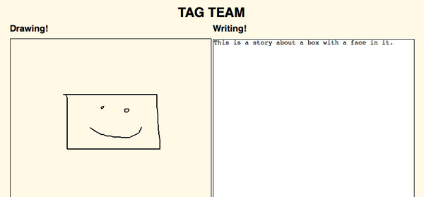 A screenshot of the Tag Team interface, showing a drawing component on the left and a writing component on the right