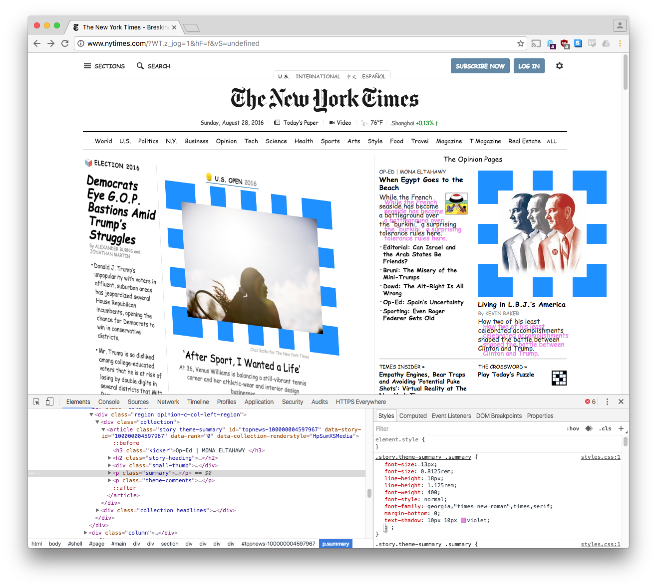 an image showing the homepage of the New York Times with many of its CSS properties altered by the user