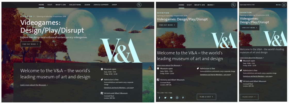 Three viewports of the V and A museum homepage